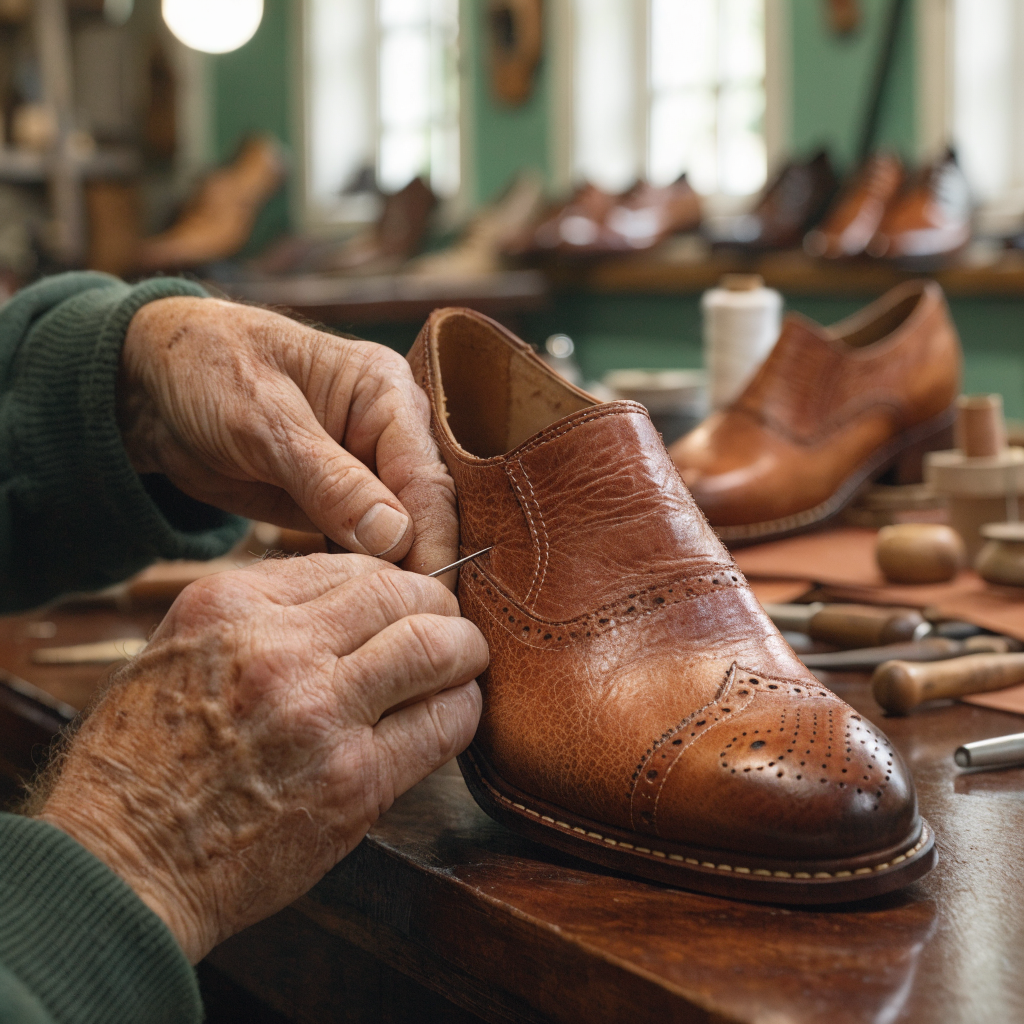 Artisan espagnol travaillant le cuir dans l'atelier Angel Alarcon à Elche